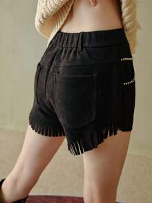 SUEDE RIVET FRINGE BOHEMIAN BOHO SHORTS - Black - View 3