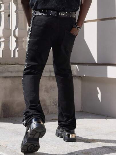 Street Life Jeans évasés avec décoration de strass mode homme, ceinture et chaîne non incluses