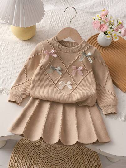 Souflis Souflis 6-9 Months Baby Girls Warm Outfit, Baby Girls Winter Warm Knitted 2 Pieces Set, Cute Bow Sweater And Pleated Skirt Set, Comfortable Soft And Skin-Friendly