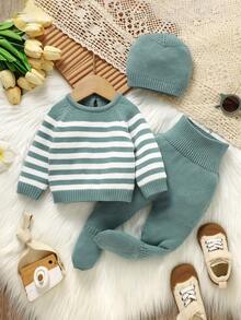SHEIN 3pcs Newborn Baby Striped Sweater Set, Casual Pullover Sweater, Simple Leggings, And Hat - Green - View 4