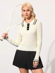 CourtClass Women's Striped Regular Fit Long Sleeve Polo Neck Sweater - White - View 1