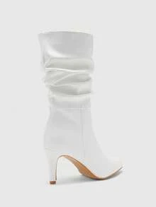 CUCCOO BIZCHIC 女士尖头细高跟白色时尚一脚蹬褶皱绒面中筒靴 - 白色 - 查看 8