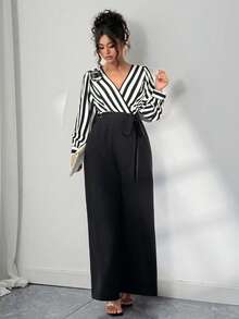 Elenzga 大码女士时尚休闲独特高端条纹拼接 3D 花卉印花长袖连体裤，适合秋季通勤和办公室穿着