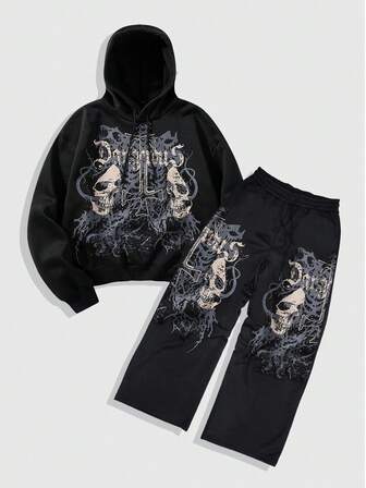 Goth Ensemble sweat-shirt à capuche et pantalon décontracté pour hommes avec cordon de serrage et motif crâne et croix, vêtements d'automne