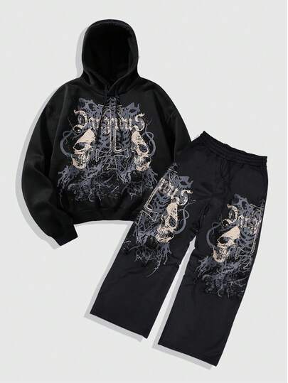 Goth Men's Casual Drawstring Skull Cross Pattern Hoodie & Pants Set, Fall Clothes