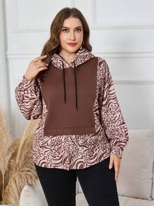 Lacomfia Plus Size Color Block Print Hooded Sweatshirt For Women - Coffee Brown - View 4
