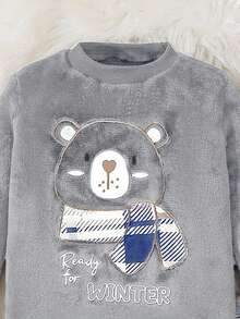 2 件套小男孩可爱熊图案羊毛长袖上衣和裤子睡衣套装，深灰色 - 淺灰色 - 查看 3