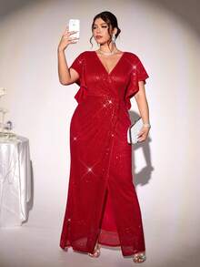 Firerie 加大码优雅亮片闪亮奢华高端迷人派对鸡尾酒会正式 V 领褶皱荷叶边袖开衩腰 H 型下摆女式连衣裙 - 紅色 - 查看 7