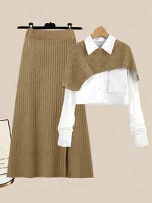 GlowEve 女式纯色罗纹针织毛衣和裙子套装（不含衬衫）