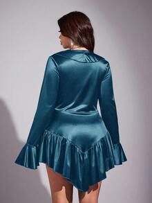 Viva Relle Plus Size Elegant Sexy Solid Color Ruffle Flare Sleeve Dress - Blue - View 6