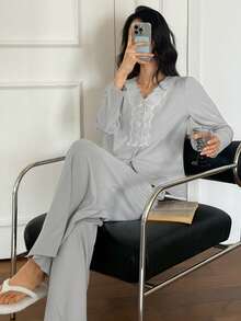 DAZY Women's Lace Patchwork Brushed Pajama Set, Autumn/Winter - Light Grey - View 5