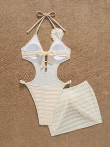 Bonvoyette 2 件针织性感无缝纹理纯色比基尼套装，优雅夏季女士沙滩派对泳装 - 杏色 - 查看 7