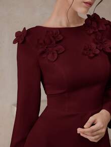Modelyn Rochie lungă elegantă pentru femei, în culoare solidă, cu decor floral 3D, potrivită pentru primăvară și toamnă - Burgundia - Vizualizare 1