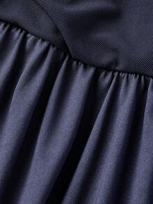 SHEIN MOD Vestido de mujer de manga larga con hombros descubiertos y mangas de trompeta de malla 2 en 1, estilo occidental, vintage, años 70, The Bachelorette, color azul marino