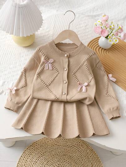 Souflis Souflis Baby Girls Multicolor Knitwear Long Sleeve Regular Length Cardigan And Scallop Hem Skirt Co-Ord Set With Bow Detail