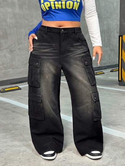 Slaydiva Plus Size Women Vintage Washed Distressed Cargo Jeans