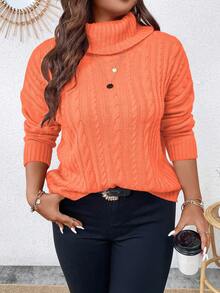 EMERY ROSE Plus Size Solid Color Turtleneck Sweater, Casual For Autumn/Winter - Orange - View 3