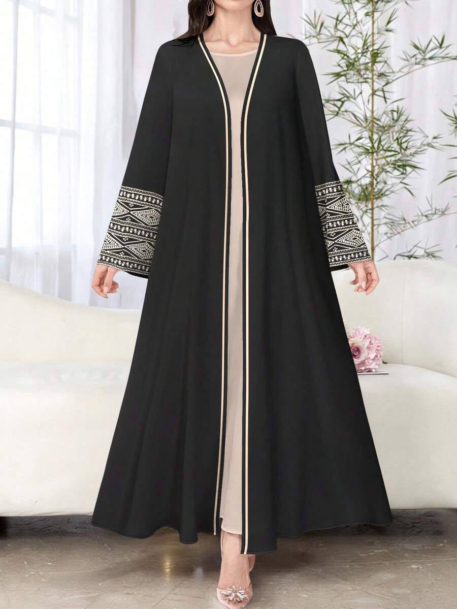 SHEIN Najma 女士菱形条纹印花长袖休闲阿拉伯长袍，适合春秋季节 - 彩色 - 查看 1