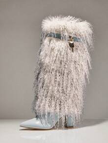 SHUZIA 女士精美绒毛人造毛皮保暖及膝冬靴 - 淺藍色 - 查看 2