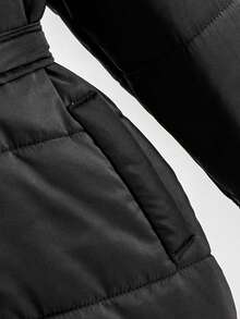 Elladie kids 年轻女孩绗缝中长款连帽棉衣，收腰带口袋，适合休闲、户外、秋冬 - 黑色 - 查看 7