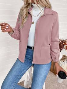 EMERY ROSE Winter Clothes Women's Solid Color Regular Shoulder Warm Zip-Up Fleece Jacket - Dusty Pink - View 3