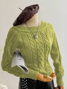 SHEIN LUNE Áo len chui đầu dài tay trễ vai dệt kim màu nâu tối giản sang trọng dành cho nữ, Thu/Đông - màu xanh lá - Xem 3