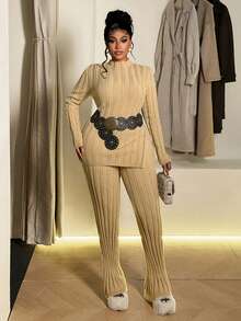 Maweii Plus Size Women Solid Stand Collar Long Sleeve Fitted Sweater With Side Slit Hem And Knitted Pants Elegant Set, Autumn/Winter
