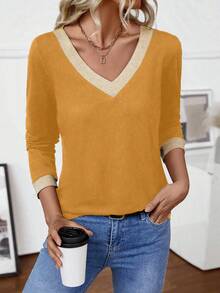 EMERY ROSE Women's Autumn Long Sleeve Colorblock V-Neck T-Shirt Graphic Tees Women Tops For Spring - Multicolor - View 4