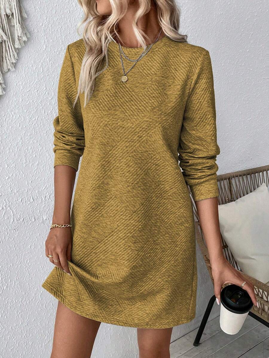 EMERY ROSE Vestido de manga larga, cuello redondo, corte holgado y casual para mujer, otoño - Amarillo - Ver 1
