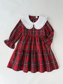 SHEIN 格子领宽松A字长袖连衣裙，圣诞格子连衣裙，姐妹裙 - 紅色 - 查看 4