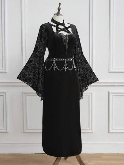 EDITION Plus Size Gothic Collar Halter Five-Pointed Star Long Sleeve Asymmetrical Flared Sleeve Slit Side Cross Pendant Belt Decor Maxi Dress, Autumn/Winter Plus Size Women Long Halter Sexy Dress, Autumn/Winter Plus Size Gothic Style Elegant Sexy Party Maxi Dress