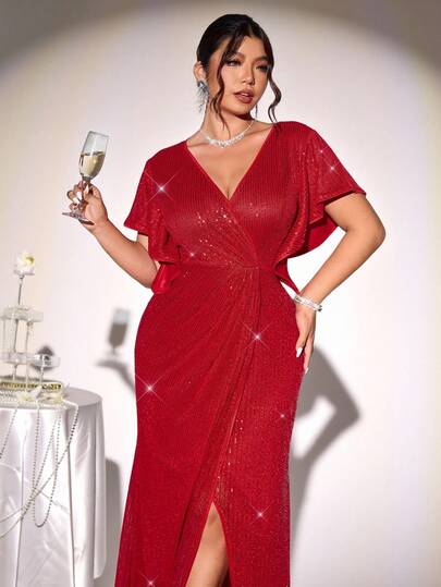 Firerie 加大码优雅亮片闪亮奢华高端迷人派对鸡尾酒会正式 V 领褶皱荷叶边袖开衩腰 H 型下摆女式连衣裙