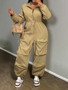 Slaydiva Combinaison grande taille, style urbain décontracté, pour festival de musique, Pâques, fête d'anniversaire, usage quotidien, polyvalente, couleur unie, poches cargo exagérées, manches longues, cordon de serrage à la taille, automne/hiver 2025 - Kaki