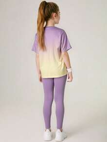SHEIN Bộ 2 áo thun + quần legging cho bé gái tuổi teen, đồ tập yoga thể thao chạy bộ co giãn nhiều màu sắc thời trang đường phố - Màu Lilac Tím - Xem 2