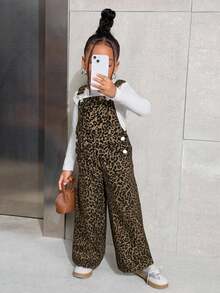 SHEIN Young Girl Fashionable Leopard Print Denim Overalls - Brown - View 4