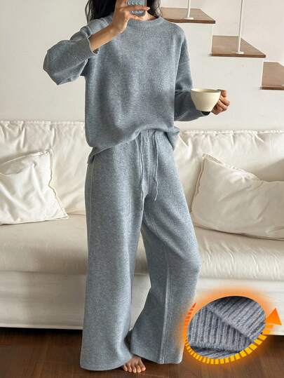 DAZY Women's Simple Solid Color Knitted Pajama Set, Winter