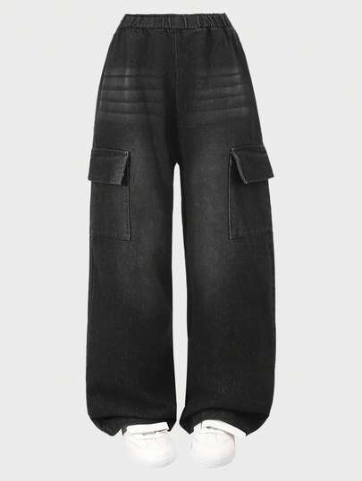 SHEIN Explorewe 青少年男童牛仔裤，时尚休闲街头风格中度水洗蓝色工装裤，宽松阔腿直筒牛仔裤，适合 8-12 岁男童的舒适日常穿着，秋冬