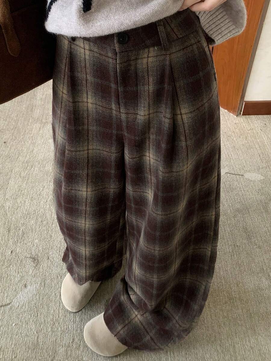 DAZY 女士休闲宽松拼色格子直筒裤，适合秋冬季、街头风格、新年、圣诞节 - 紅色 - 查看 1