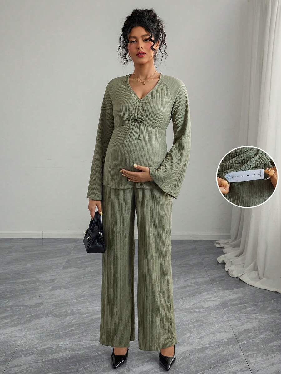 Momance 2 件套：系带前 V 领长袖上衣和阔腿裤，时尚 - 軍綠色 - 查看 1