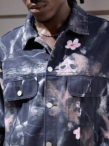 ROMWE MEN Street Life Men Loose Fit Contrast Color Floral Button Front Denim Jacket, Fashion & Versatile, Fall - Black - View 3