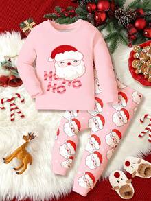 SHEIN 童话粉色圣诞节、可爱搞怪圣诞老人“HO HO HO”、雪花波尔卡圆点印花、适合秋冬居家的年轻女孩休闲舒适柔软长袖睡衣套装、圣诞睡衣派对、新年睡衣、日常穿着、小女孩睡衣套装、奶油粉色圣诞睡衣、舒适合身单人睡衣、长袖舒适合身两件套睡衣 - 彩色 - 查看 3