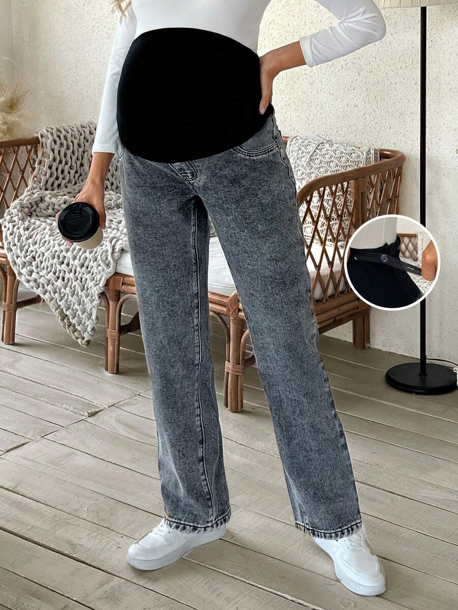 SHEIN Maternity Casual Washed Color Block High Waist Tapered Jeans - Medium Wash - View 1