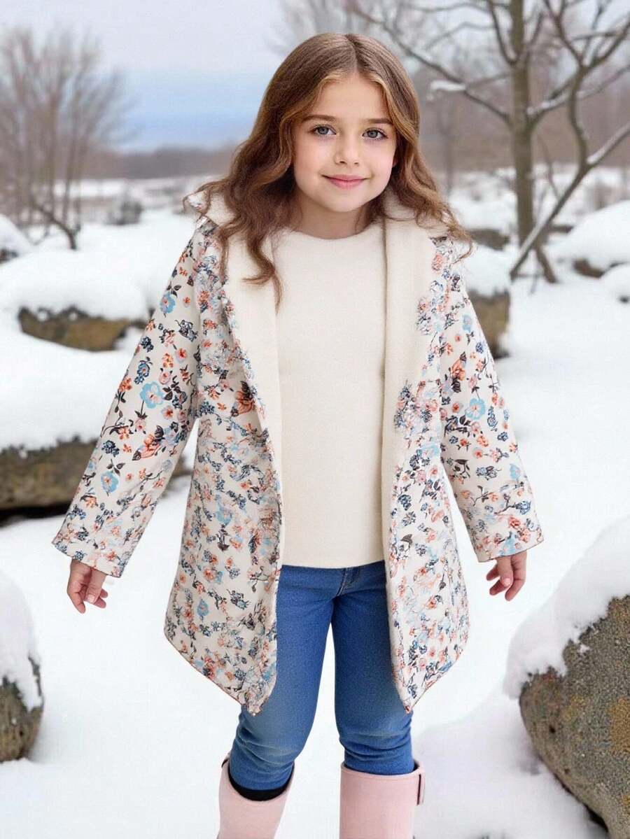 SHEIN 年轻女孩动物与植物印花保暖内衬连帽纽扣可爱卡通夹克，适合日常休闲穿着 - 彩色 - 查看 1