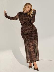 Auralis 渐变色随机印花网眼长袖连衣裙，优雅性感透明度假海滩罩衫，加大码 - 彩色 - 查看 7