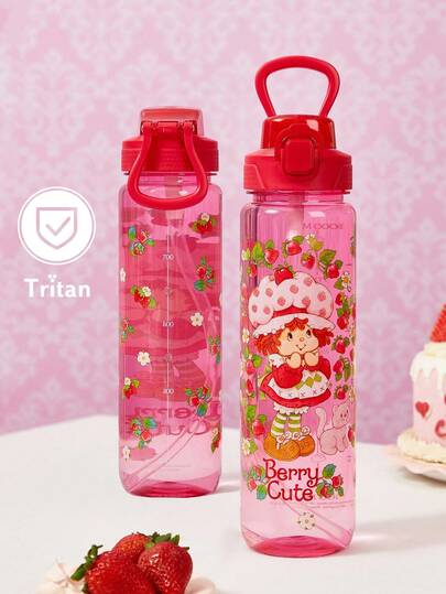 Strawberry Shortcake X SHEIN 1000 ml / 34 oz Botella de agua con figura de dibujo animado, con asa para transportar fácilmente, adecuada para fitness, escuela, Tritán, ideas de regalo