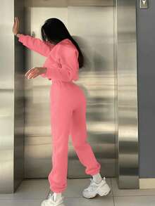 VaVaBold Conjunto de sudadera y pantalones de felpa cómodo y versátil con estampado digital minimalista de París para mujer - Rosa coral - Ver 2