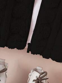 SHEIN Elladie kids 少女休闲毛绒夹克，粉色，前拉链，心形图案，秋冬连帽开衫 - 黑色 - 查看 4