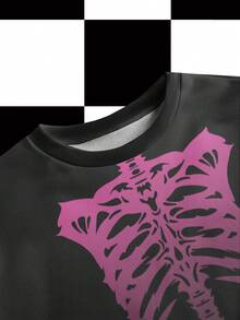 Shutterstock Y2Kool Women's Skeleton & Demon Wings Ombre Print Crew Neck Long Sleeve Sweatshirt, Street Y2K Style For Halloween, Autumn/Winter Halloween Sweatshirt Emo Tops Graphic Sweatshirts Goth Clothes - Black - View 3