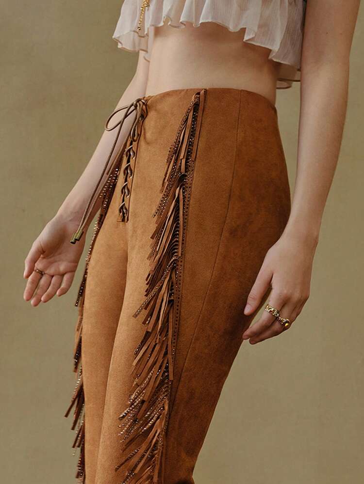 MOTF STUDIO FRINGE SUEDE BOHEMIAN BOHO FLARE PANTS