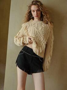 SUEDE RIVET FRINGE BOHEMIAN BOHO SHORTS - Black - View 1